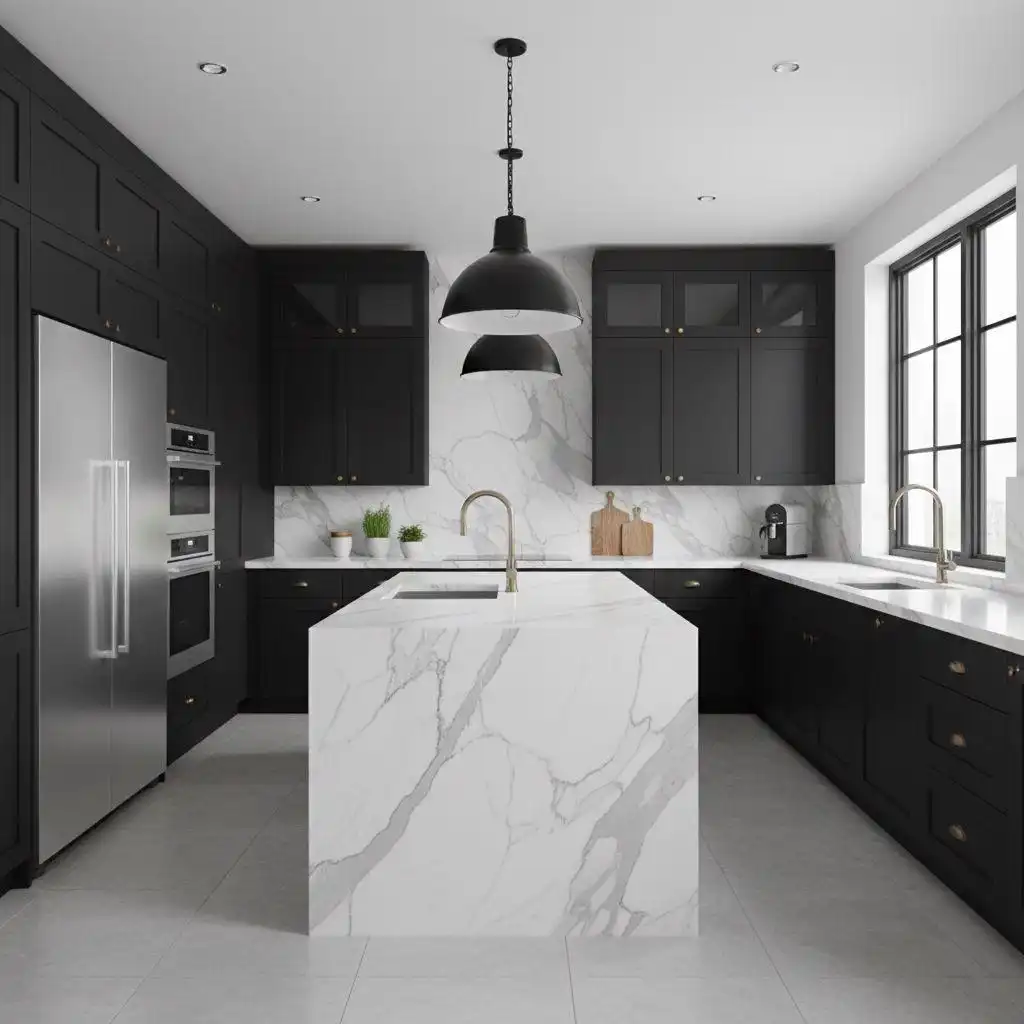 Matte black kitchen cabinets with a white marble island and backsplash, stainless steel appliances, and black pendant lighting, featuring a modern, high-contrast design.