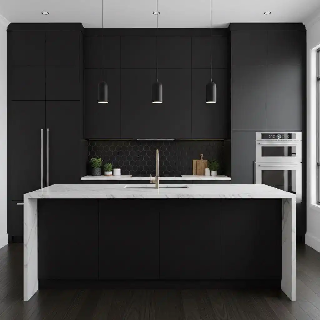 Minimalist kitchen featuring floor-to-ceiling matte black kitchen cabinets, a white marble waterfall island, and a black hexagonal tile backsplash, highlighting a sleek, modern, and monochromatic design.