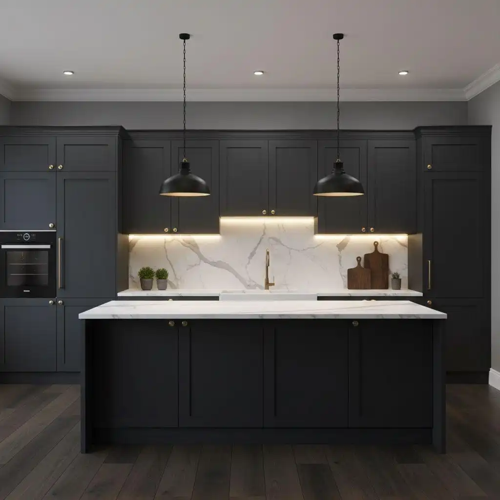 Matte black kitchen cabinets with brass hardware, featuring a large white quartz marble island, under-cabinet LED lighting, a white marble backsplash, and dark wood flooring.