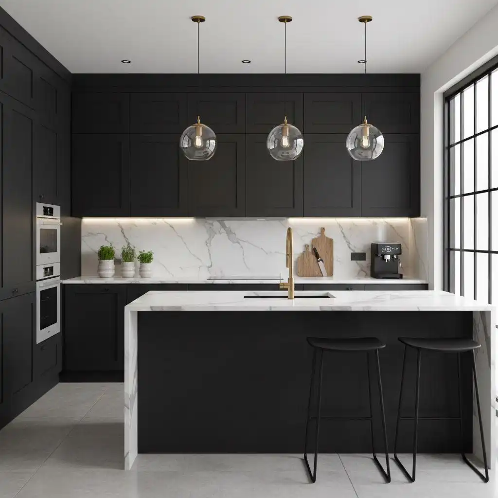Modern kitchen with Shaker-style matte black kitchen cabinets, a white marble backsplash, brass hardware, and clear glass pendant lights hanging over the central island.