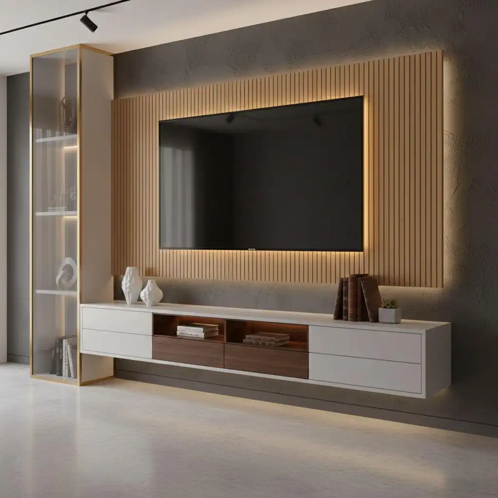Modern Floating TV Wall Unit Custom Designs 1 Modern floating TV wall unit custom design featuring a vertical wood slat accent panel with LED backlight, a white and walnut floating media console, and a tall gold-framed glass display cabinet.