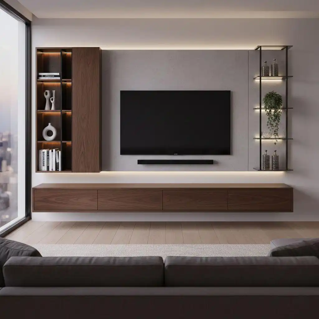 Modern Floating TV Wall Unit Custom Designs 2 Modern floating TV wall unit custom design featuring a walnut wood finish, integrated LED backlighting, a large flat-screen television, and minimalist shelving in a contemporary living room.