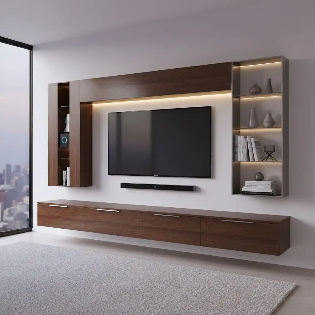 Modern Floating TV Wall Unit Custom Designs 3 Modern floating TV wall unit custom design with dark walnut cabinetry, a long wall-mounted console with silver handles, and an open display shelf with warm integrated lighting.