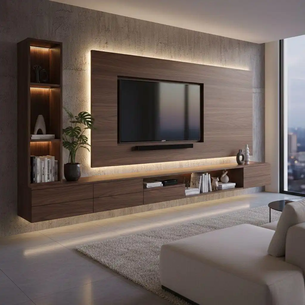 Modern Floating TV Wall Unit Custom Designs 4 Modern floating TV wall unit custom design with a full-width walnut back panel, floating lower console with open shelving, and perimeter LED halo lighting against a concrete textured wall.