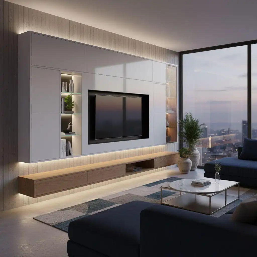 Modern Floating TV Wall Unit Custom Designs 5 Modern floating TV wall unit custom design featuring sleek white minimalist upper cabinets, a light wood floating base, and a recessed TV area with warm LED accent lighting.