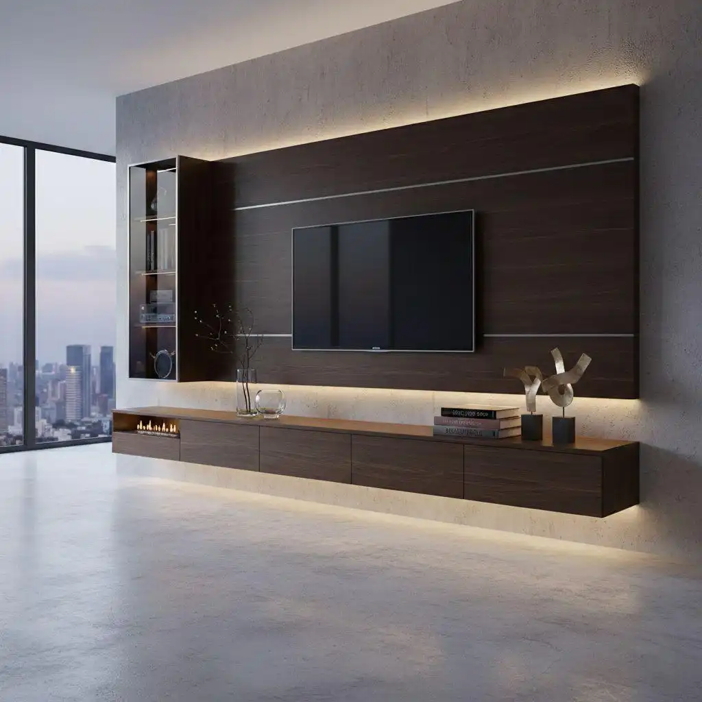 Modern Floating TV Wall Unit Custom Designs 6 Modern floating TV wall unit custom design with dark wood panels featuring silver metallic inlays, a built-in electric fireplace, and a sleek long floating console on a grey textured wall.