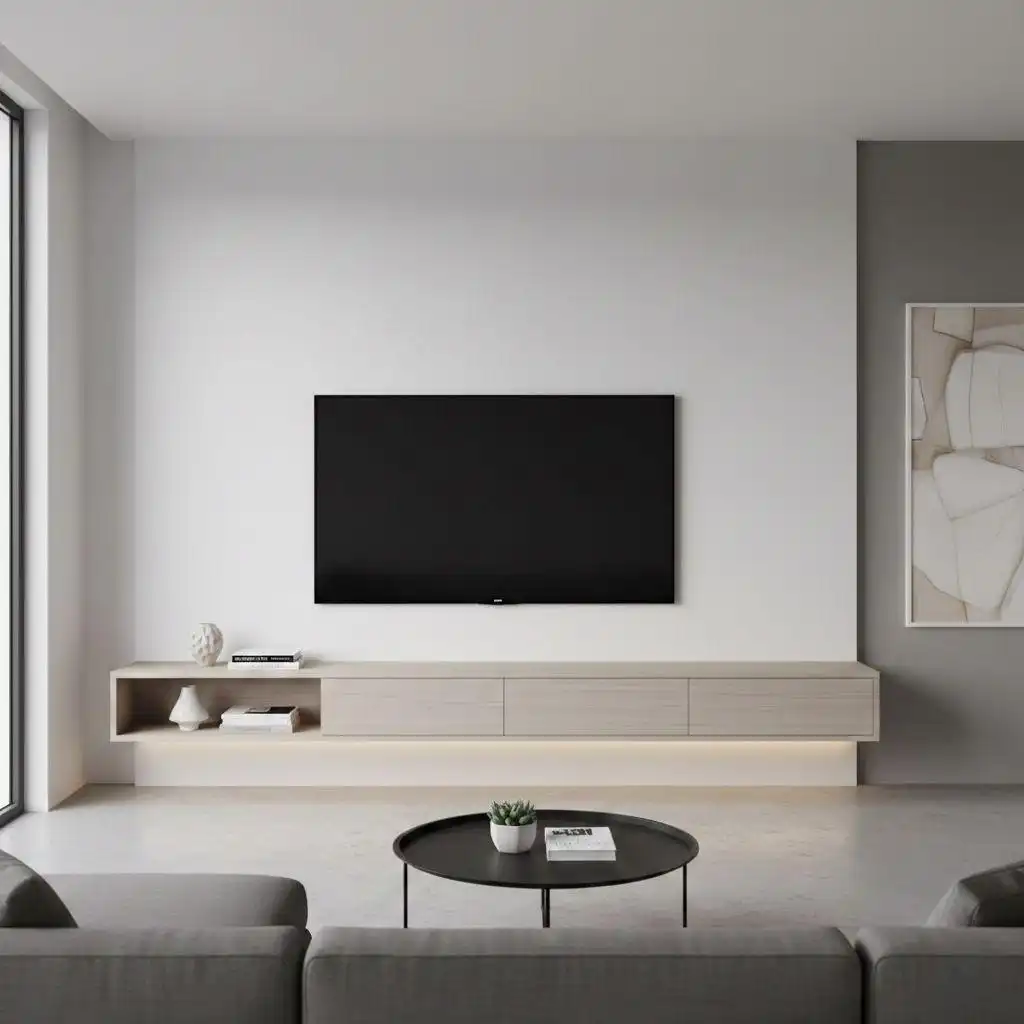 Modern floating TV wall unit custom designs in light bleached oak, featuring a minimalist wall-mounted console with an open display shelf and soft under-cabinet LED lighting against a clean white wall.