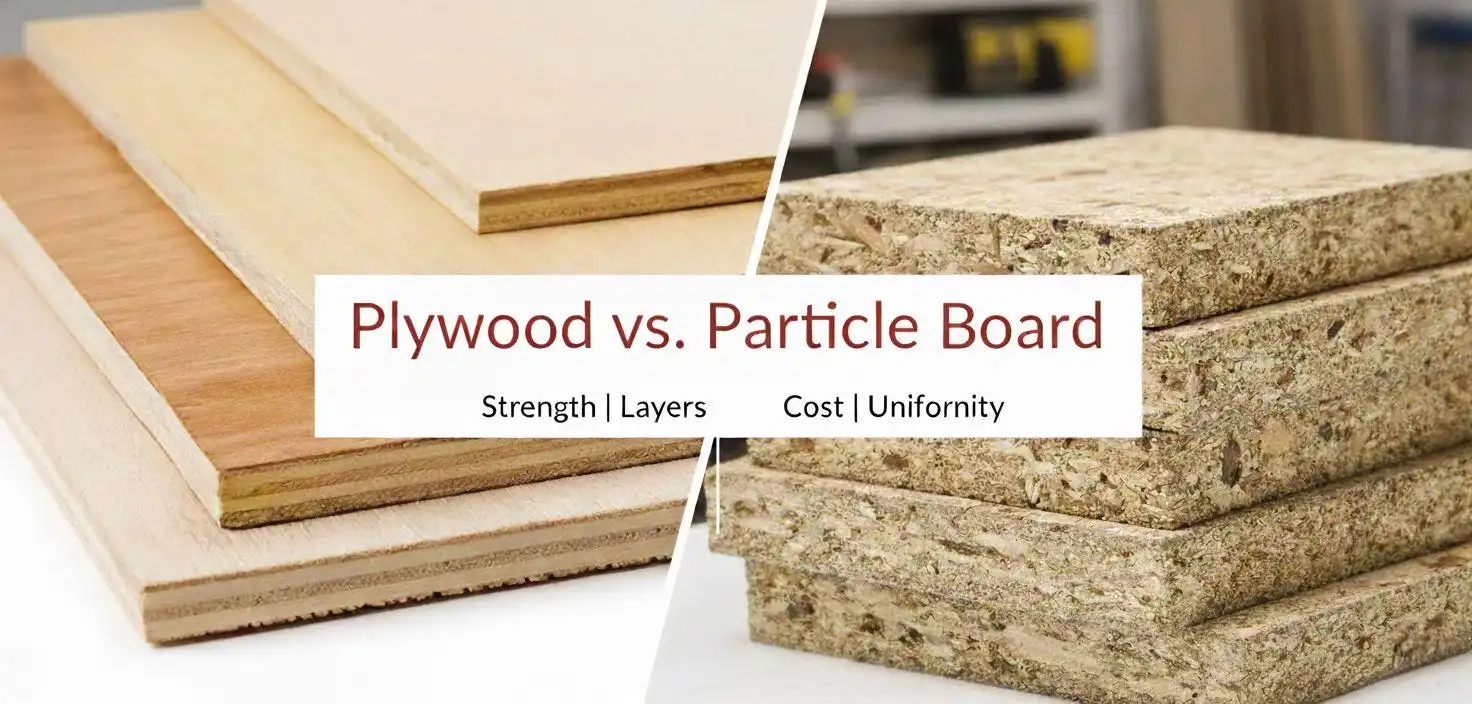 Plywood vs. Particle Board Cabinets: A comparison image with stacked plywood cross-sections on the left, showing a clear multi-layered structure; and stacked particle board cross-sections on the right, displaying a coarse, granular structure made of wood chips and adhesive.