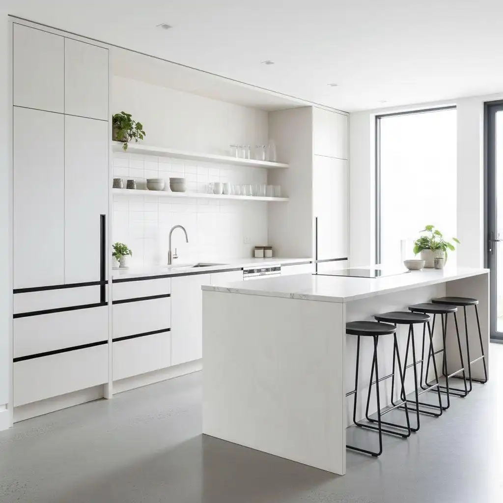 Particle Board Kitchen Cabinets: A modern, minimalist style kitchen featuring white cabinets with long black horizontal handles, an L-shaped island with a white marble countertop, and four black bar stools. The kitchen also has white subway tile backsplash and open shelving.