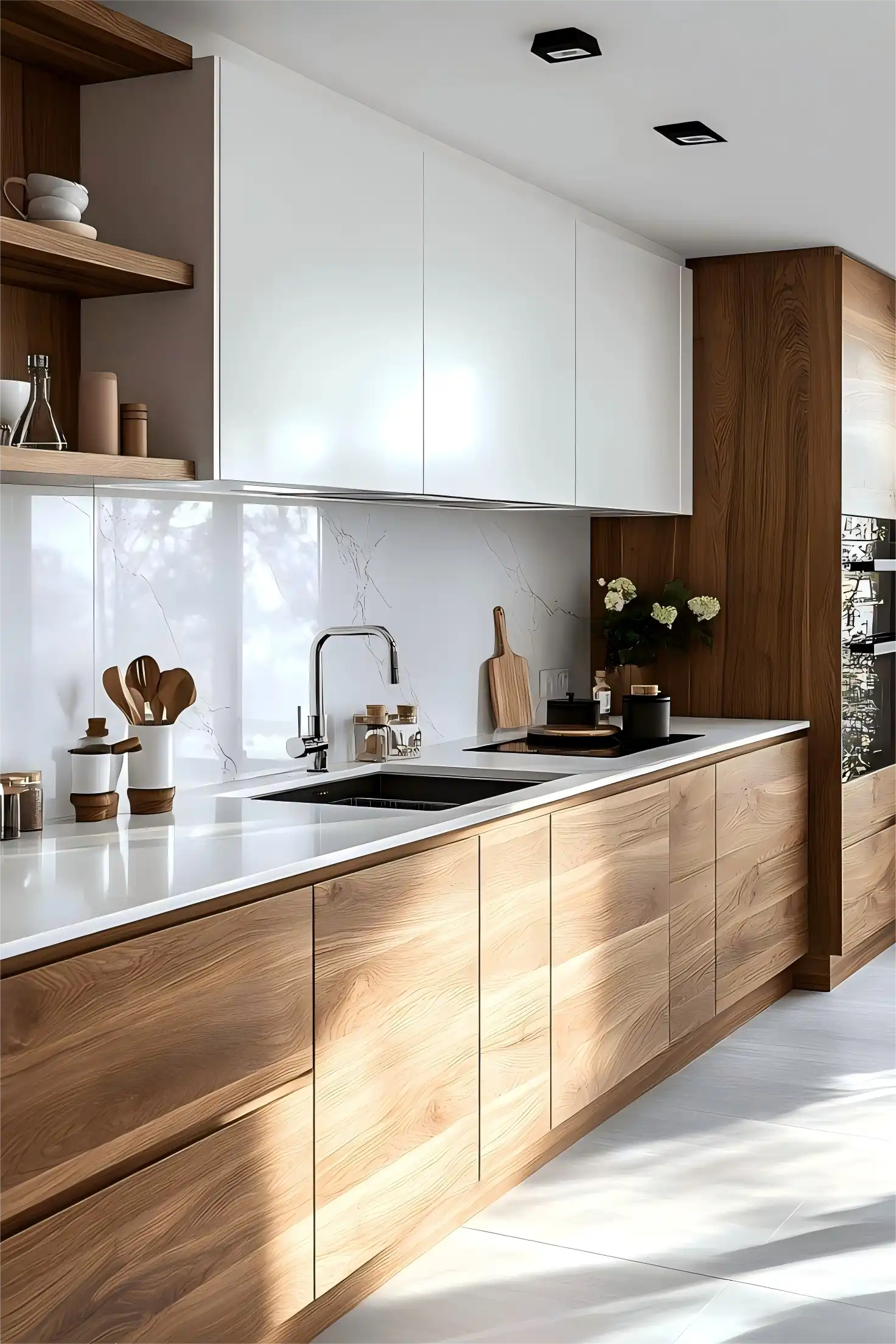 Modern kitchen featuring a seamless row of natural wood plywood base cabinets with long, subtle pulls, complemented by sleek white upper cabinets and a white marble-look backsplash, highlighting contemporary design and the texture of the plywood.