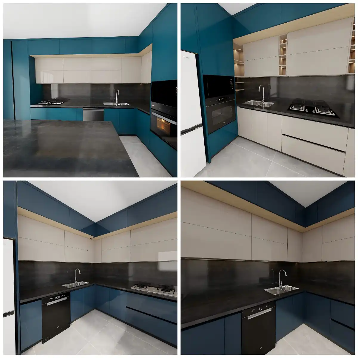 How to Measure Your L-Shaped Kitchen for Custom Cabinetsfeaturing white Shaker cabinets, a grey center island with barstools, and white subway tile backsplash.