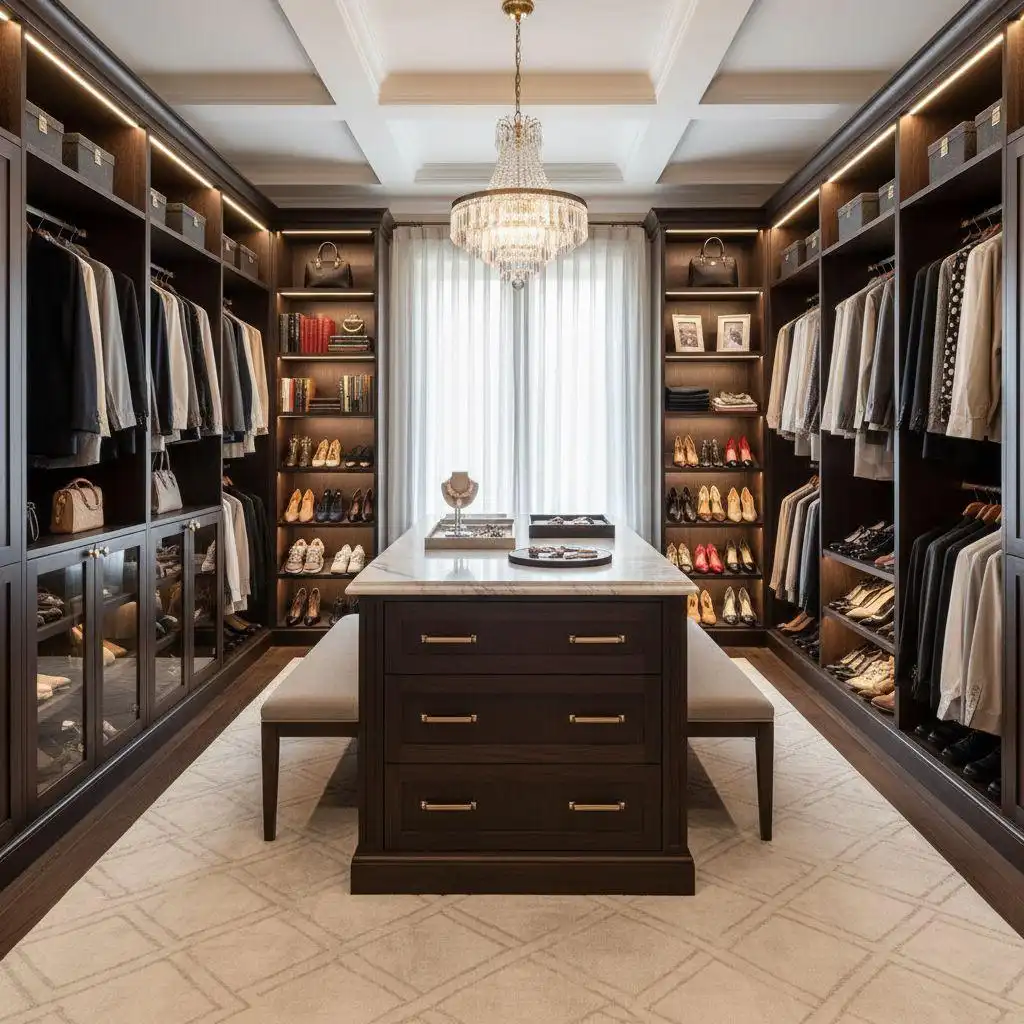 Dark cherry wood walk-in closet organization systems with back-lit shoe and accessory shelves and a central marble-top island.