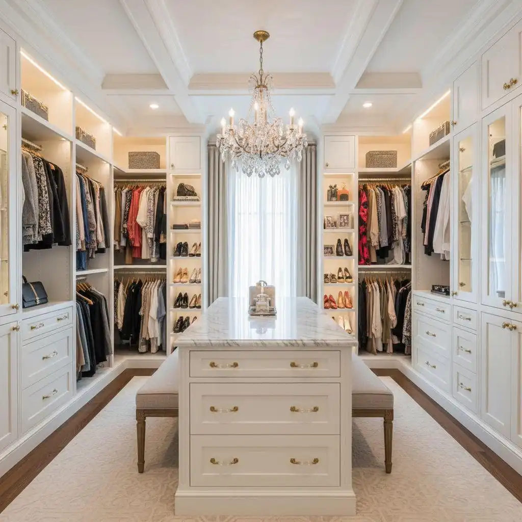 Bright white luxury walk-in closet organization system with glass cabinet doors, recessed lighting, and a marble-top central island with seating.
