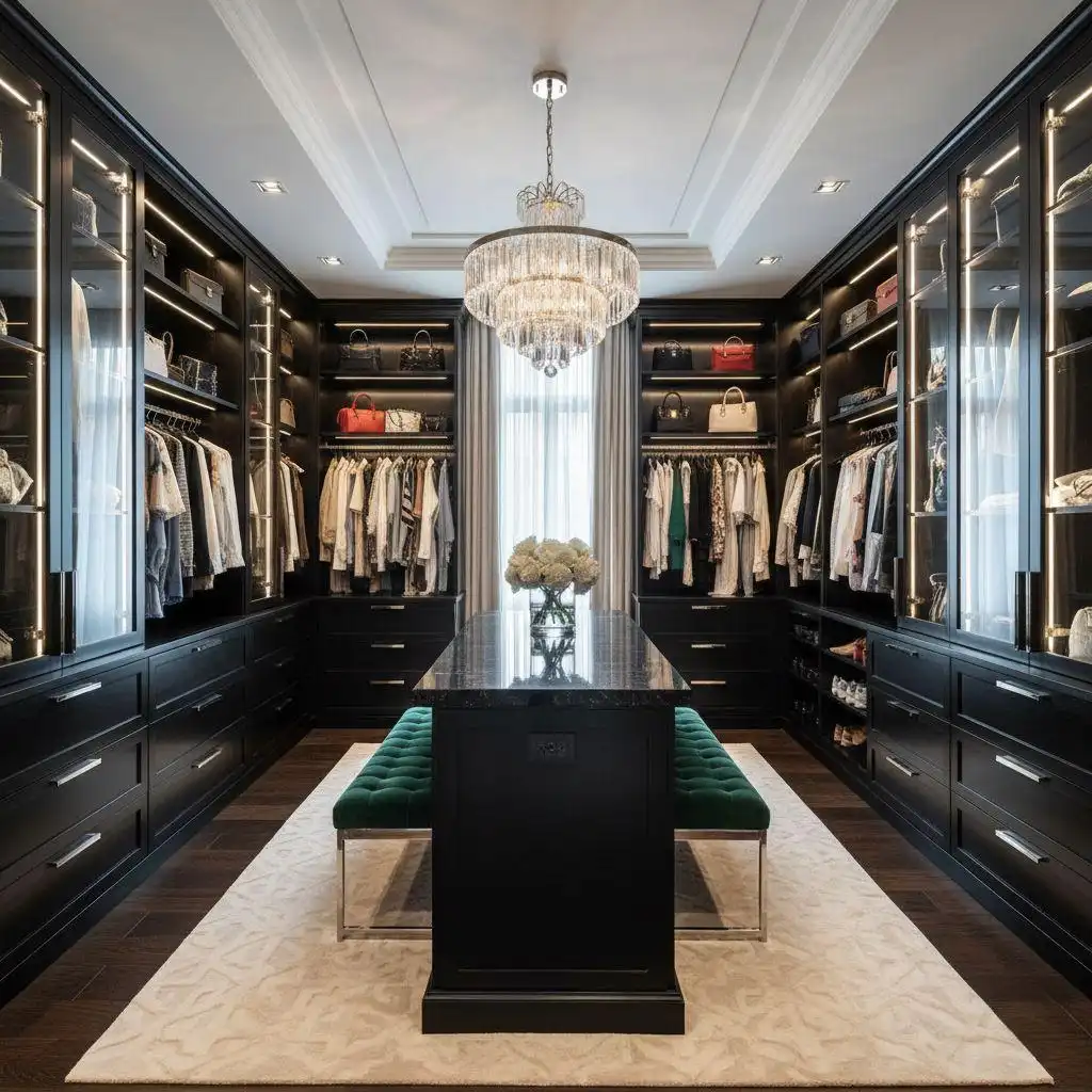 Luxurious dark wood walk-in closet organization system with glass cabinet doors, illuminated shelving, and a central island with a crystal chandelier.