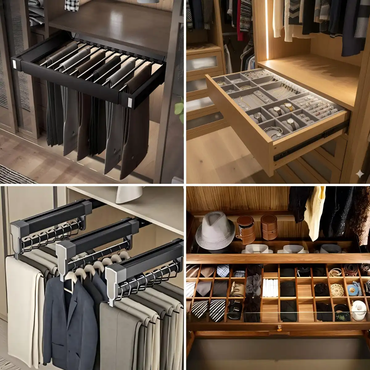 Close-up collage of pull-out walk-in closet organization system accessories, including tie racks, pull-out trouser racks, and divided drawers for jewelry and small items.