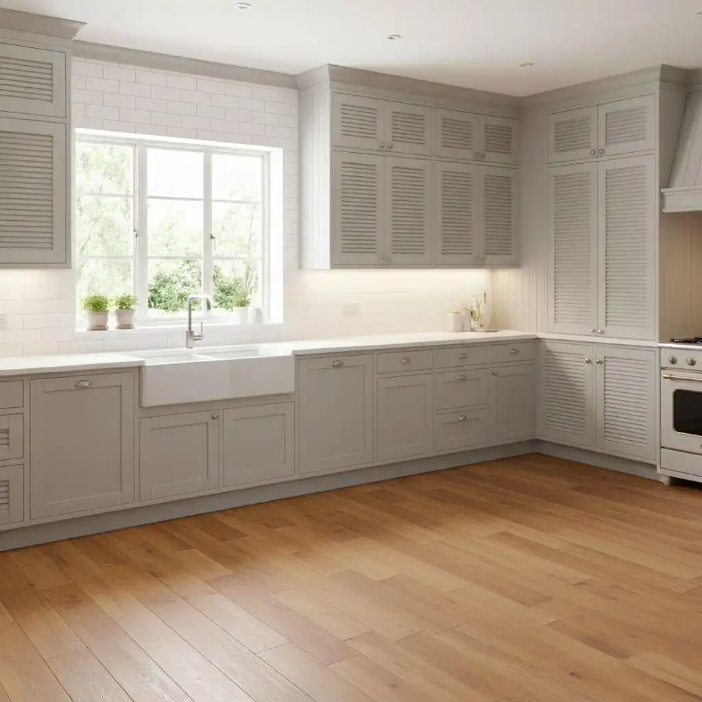 A bright kitchen design featuring different types of kitchen cabinets, including grey shaker-style base units and unique louvred-door upper cabinets for a textured, ventilated look.