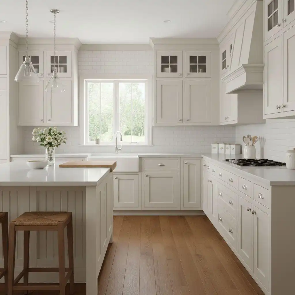 A bright transitional kitchen featuring different types of kitchen cabinets, including off-white shaker-style base units, glass-front upper cabinets, and a matching kitchen island with beadboard detailing and a white quartz countertop.