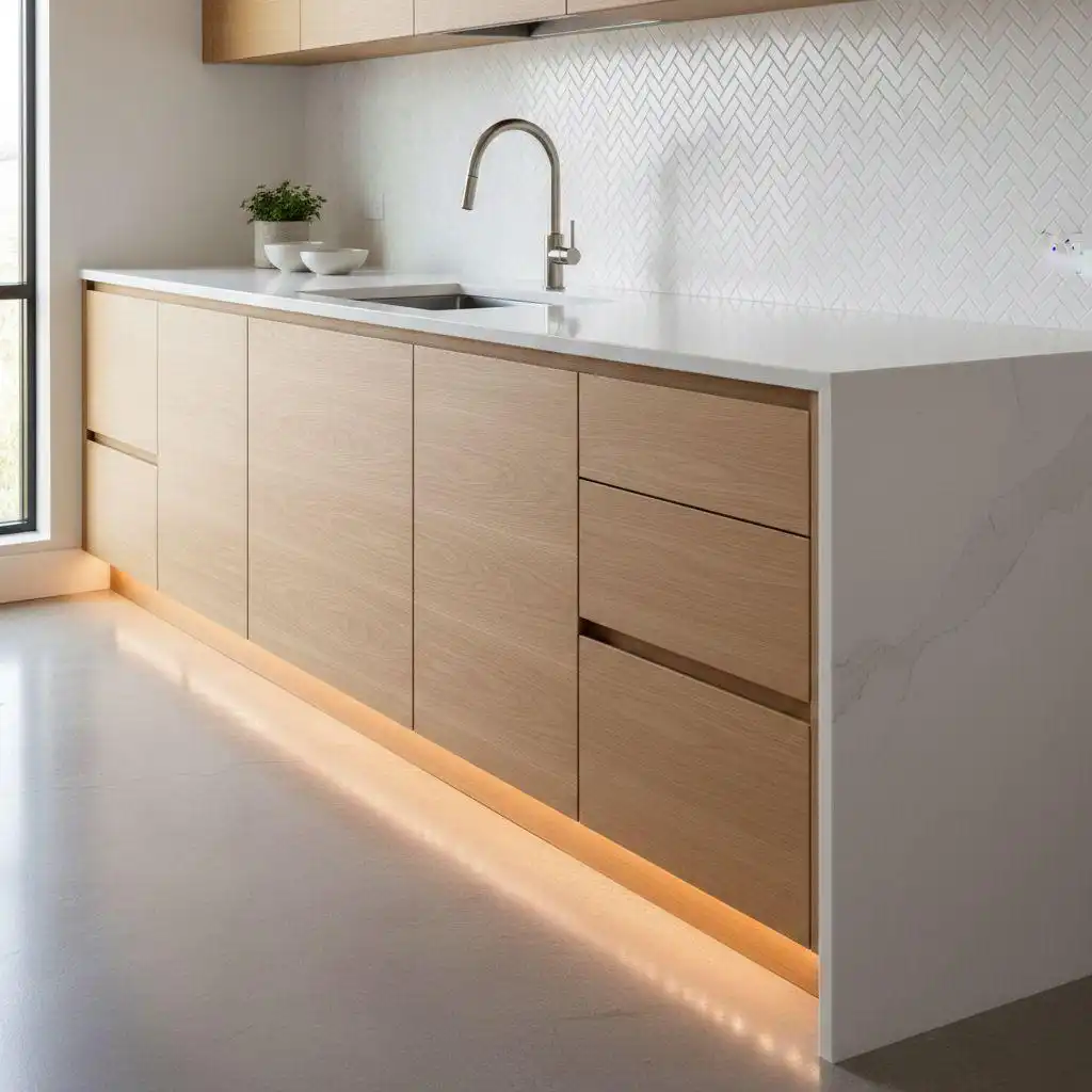 Modern minimalist light wood kitchen base cabinets with handleless slab doors, white marble waterfall countertop, and warm LED toe-kick lighting.