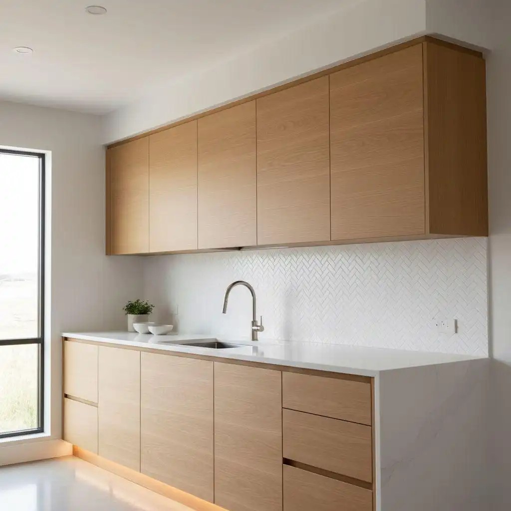 Comprehensive kitchen view featuring matching light wood wall and base cabinets with flat-panel slab doors, white marble waterfall countertop, and herringbone tile backsplash.