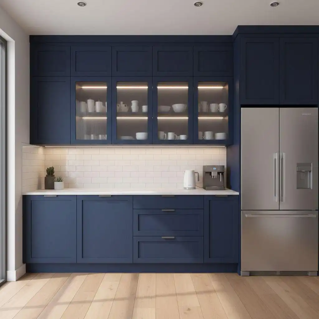 Navy blue kitchen cabinetry showcasing different types of kitchen cabinets such as Shaker-style base drawers, glass-front upper cabinets with interior lighting, and integrated refrigerator housing.