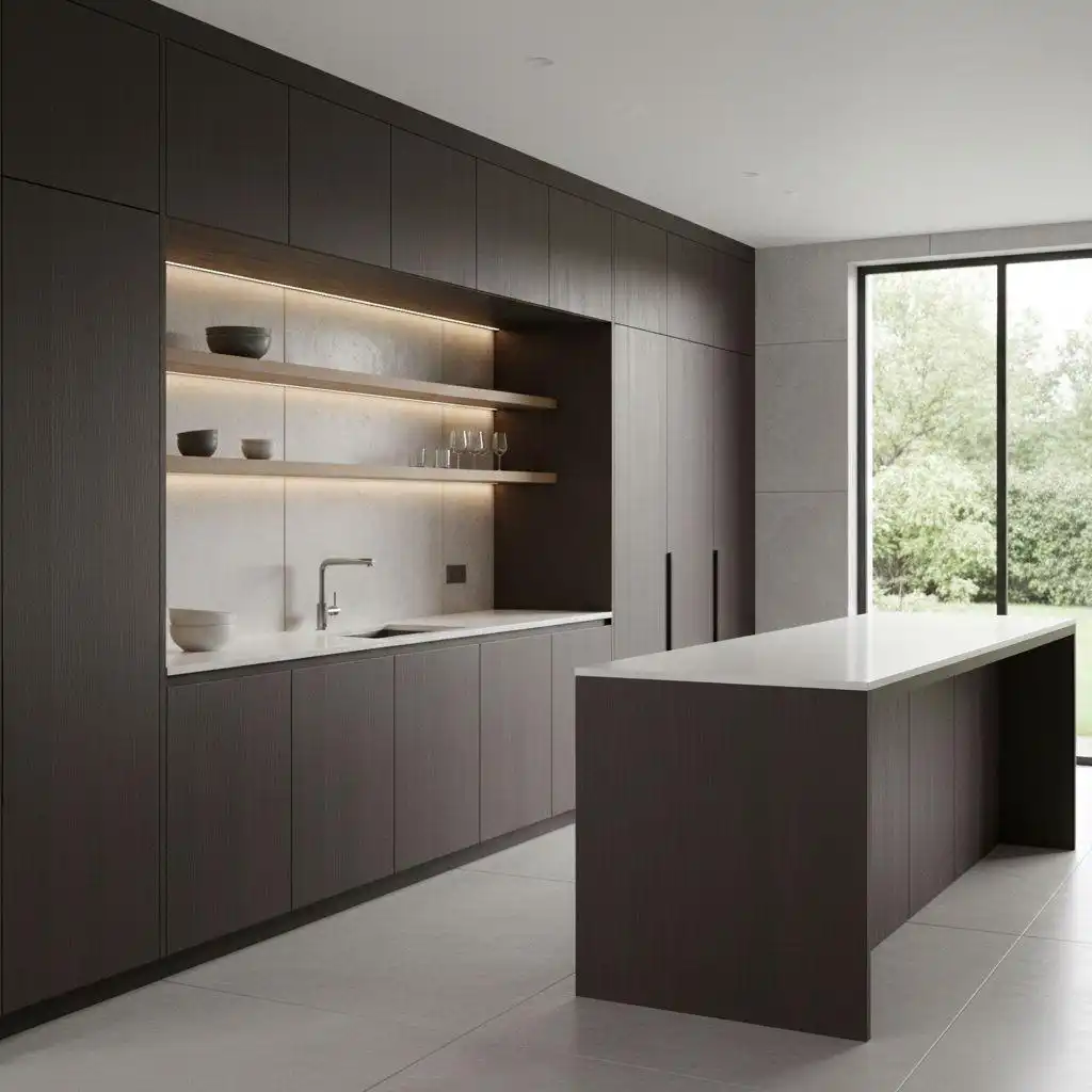 A modern minimalist kitchen showcasing different types of kitchen cabinets, including dark wood flat-panel floor-to-ceiling units, integrated base cabinets, and open floating shelves with built-in LED lighting.