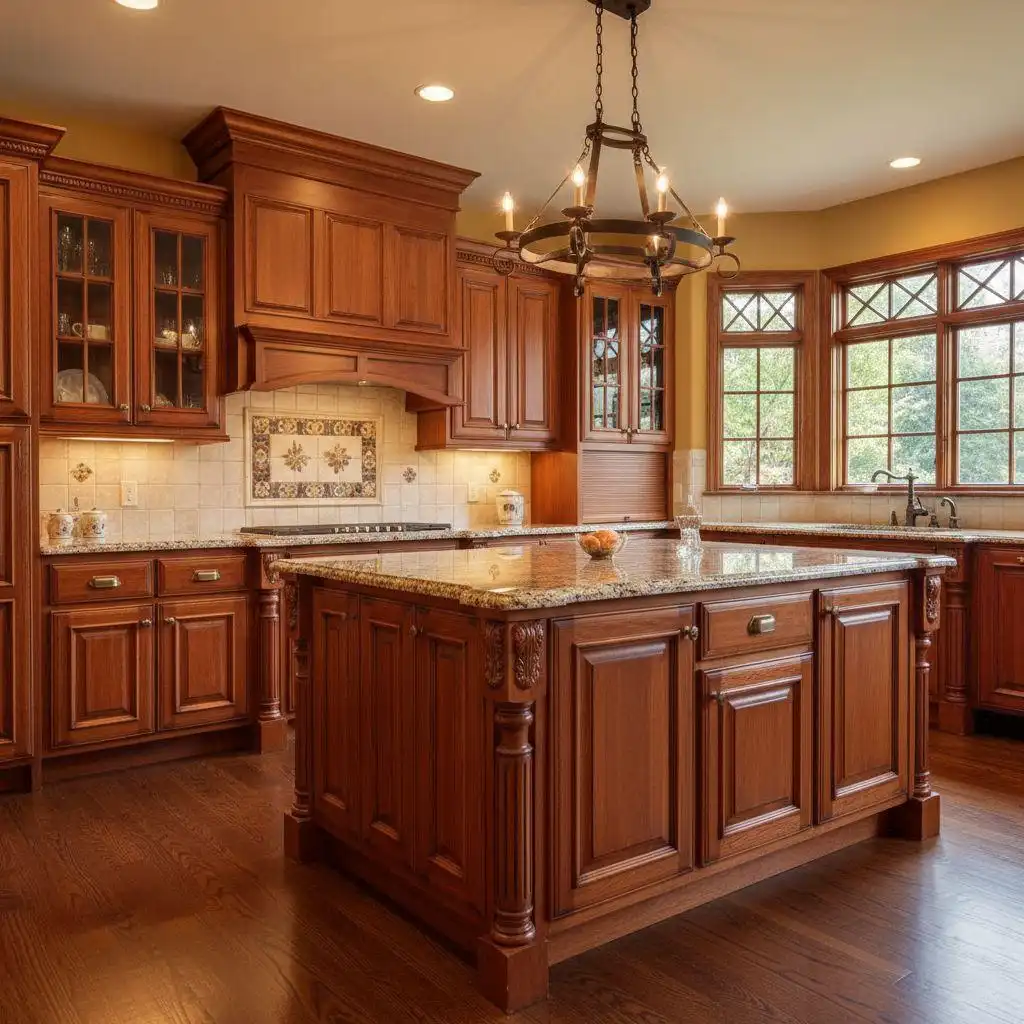 A classic traditional kitchen featuring different types of kitchen cabinets, including raised-panel cherry wood units, glass-front upper cabinets, and a large decorative kitchen island with ornate pilasters and crown molding.