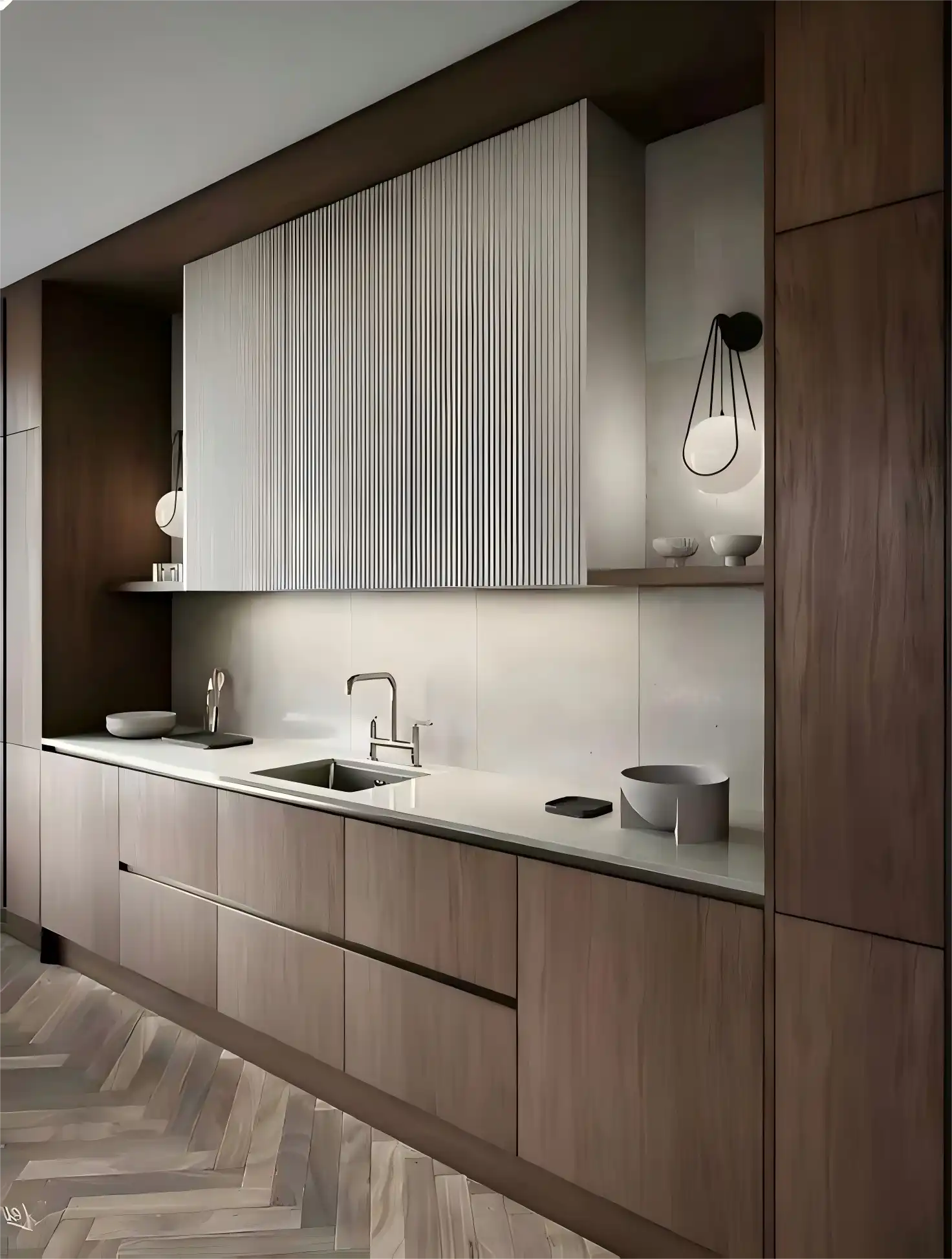 Dark wood modern kitchen featuring contrasting white fluted kitchen cabinets as the central focal point above a sink and sleek white countertop.