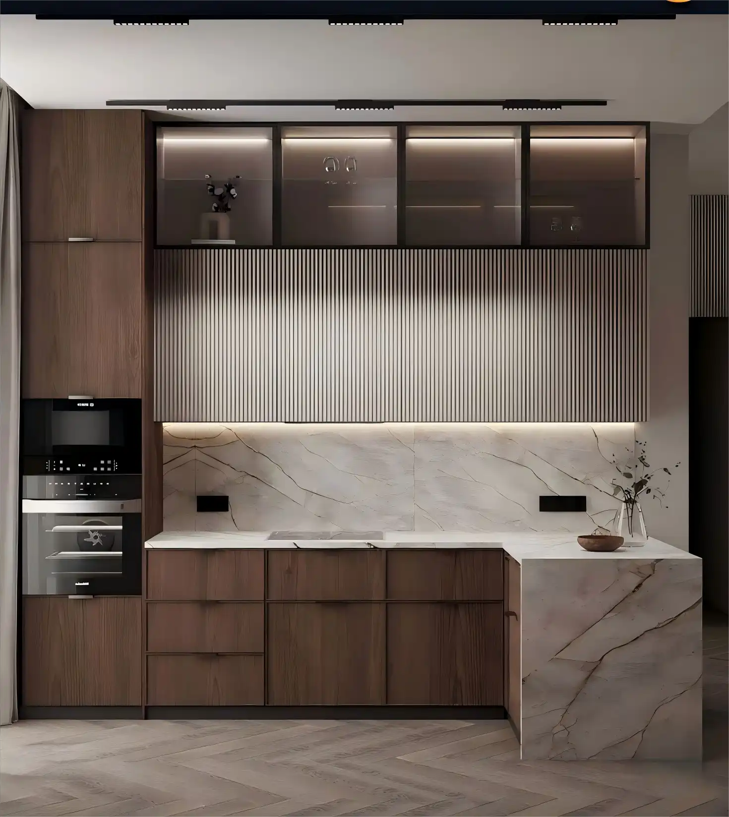 Minimalist kitchen featuring white, oversized fluted kitchen cabinets mounted above a sink, contrasted by dark walnut lower cabinets and full-height storage.