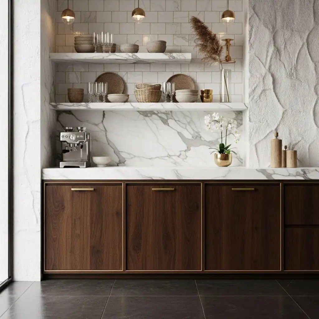 Modern kitchen pantry cabinet area with dark walnut lower cabinets and gold hardware, white marble countertop and backsplash, and open floating shelves styled with neutral dinnerware.