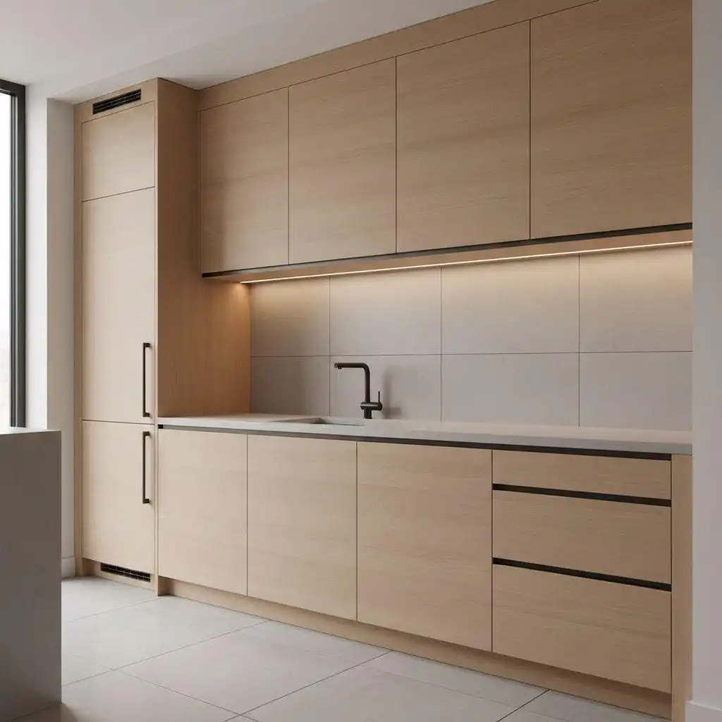 Minimalist kitchen pantry cabinet design featuring a full wall of light wood, flat-panel cabinetry and a tall integrated pantry unit next to a large window.