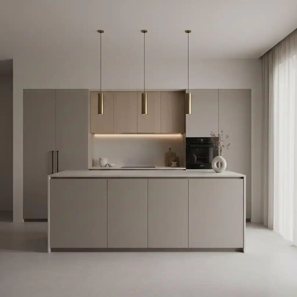 Minimalist kitchen design featuring seamless kitchen pantry cabinet storage in a neutral greige color, a large central island, and three gold pendant lights.