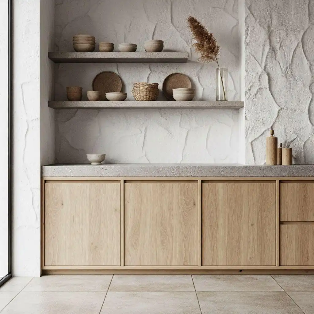 Coastal-style kitchen storage featuring light wood kitchen pantry cabinet bases, a concrete countertop, and open shelving against a textured white plaster wall.