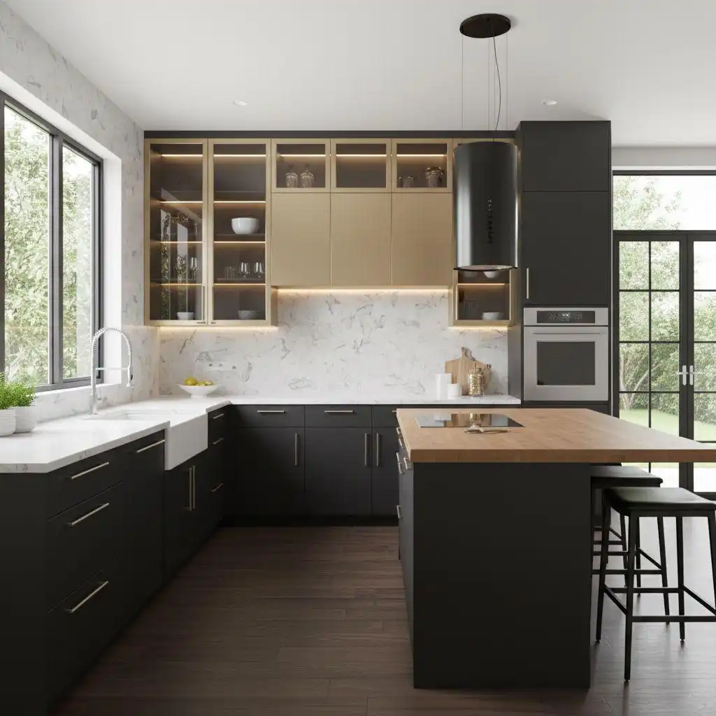 Black base cabinets and gold-toned metal-framed upper cabinets with glass doors and under-cabinet lighting in a contemporary kitchen.