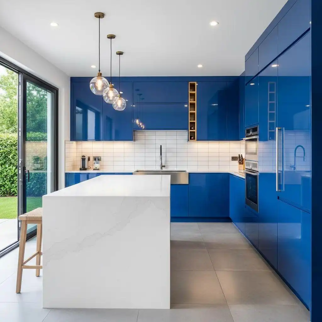 Metal kitchen cabinets in a high-gloss blue finish, contrasted with a white quartz waterfall island and brass pendant lights in a modern kitchen.