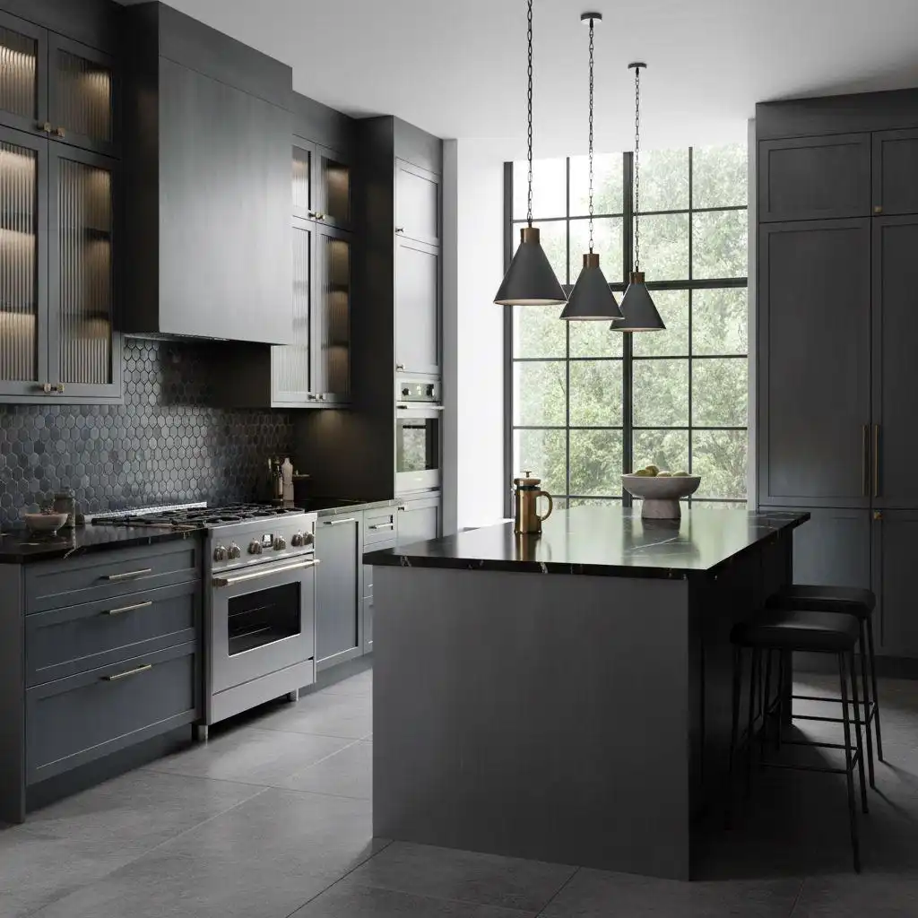 Dark gray, matte metal kitchen cabinets with brushed brass hardware in a modern, industrial kitchen featuring a black marble island.
