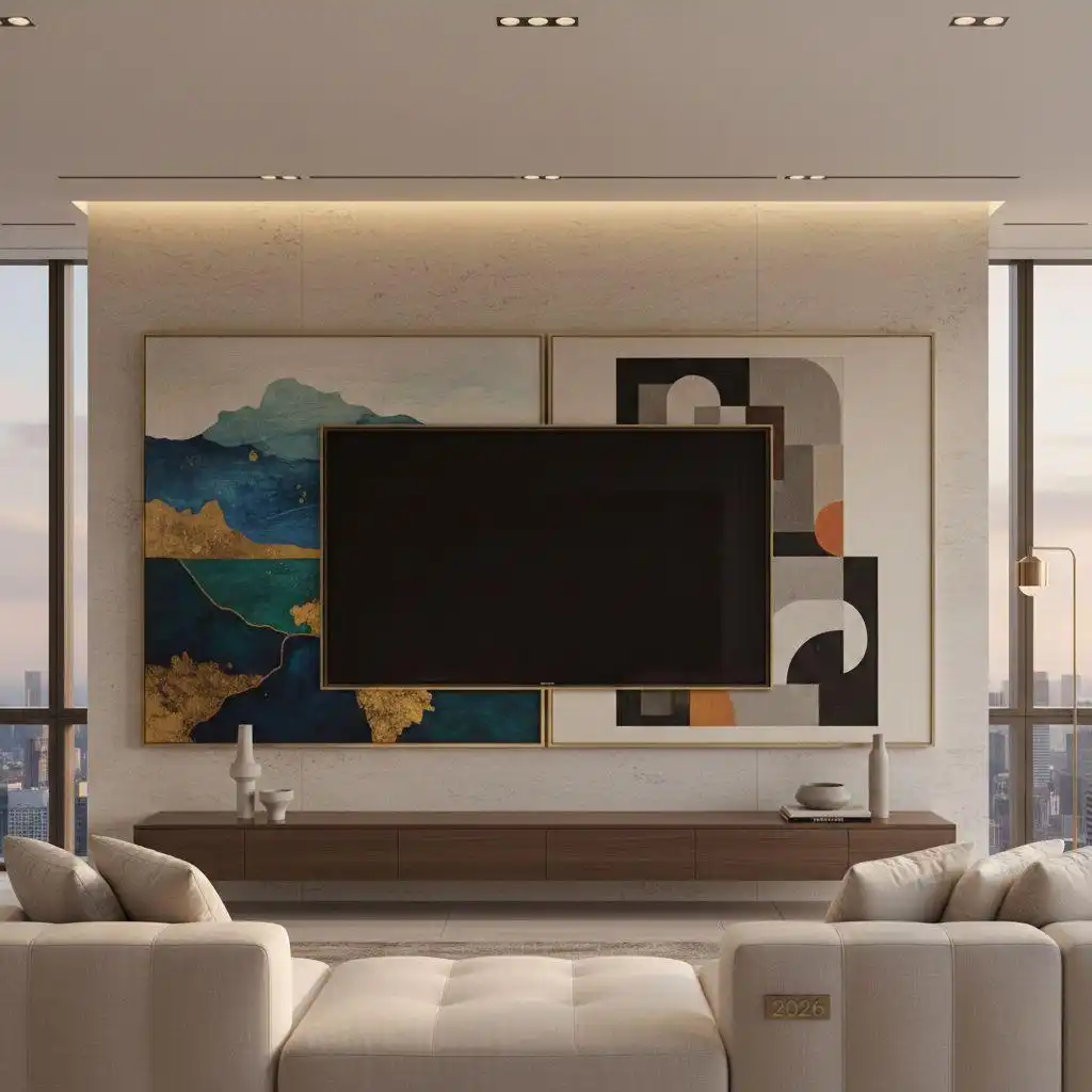 A luxurious modern living room featuring a flat-screen TV layered over two large abstract art pieces on a stone-textured feature wall with warm cove lighting.