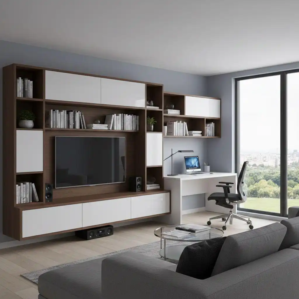 A contemporary living room wall unit featuring a TV nook, open bookshelves, white glossy cabinets, and a built-in desk by a window.