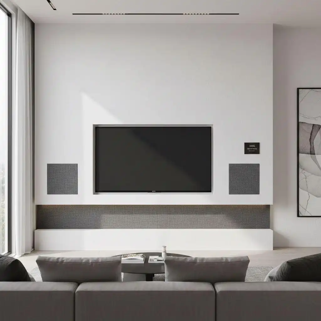 A pristine white minimalist TV wall featuring a flush-mounted television, recessed textured speaker panels, and a hidden bottom shelf with warm accent lighting.