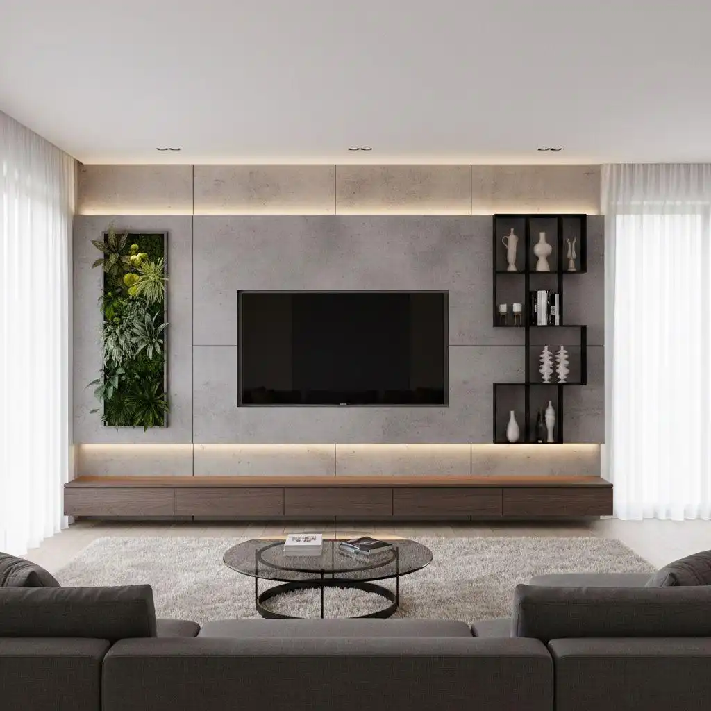 Modern TV wall design trends featuring a concrete-textured feature wall with integrated LED backlighting, a vertical indoor plant garden, and a floating dark wood media console.