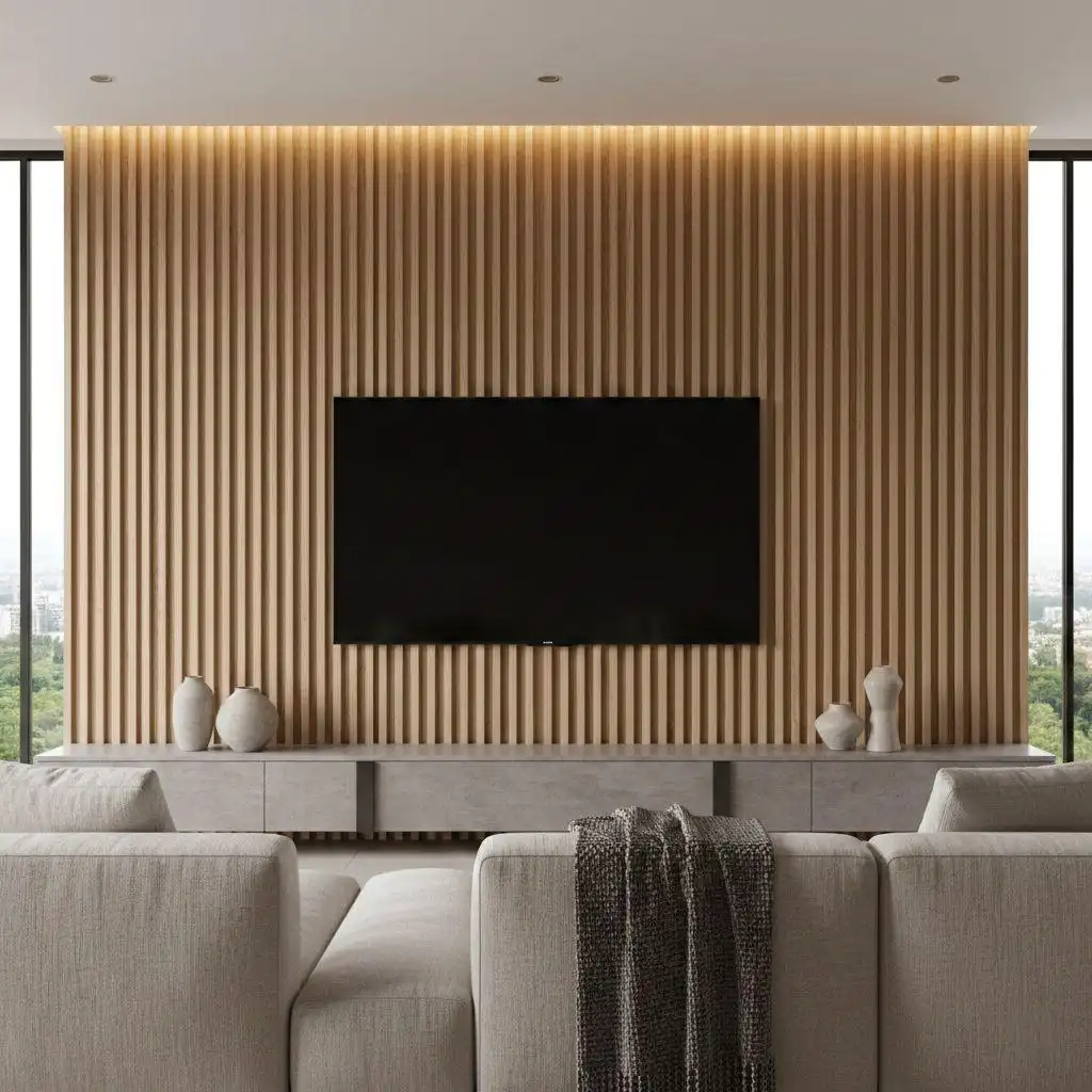 A modern living room featuring a vertical wood slat accent wall with a wall-mounted TV, integrated LED cove lighting, and a minimalist grey floating media console.