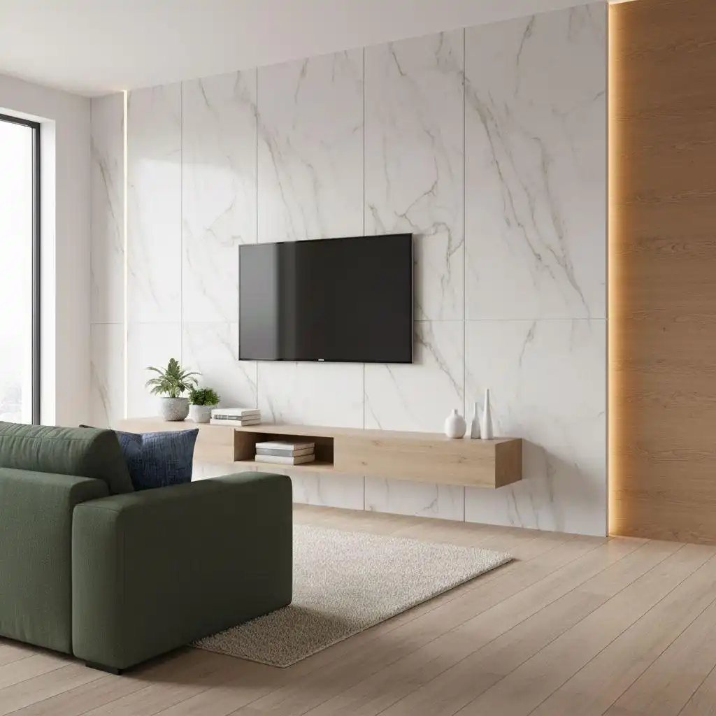 A luxury living room TV wall featuring large white PVC panels with grey marble veining, a light wood floating media console, and vertical LED strip lights on both sides.
