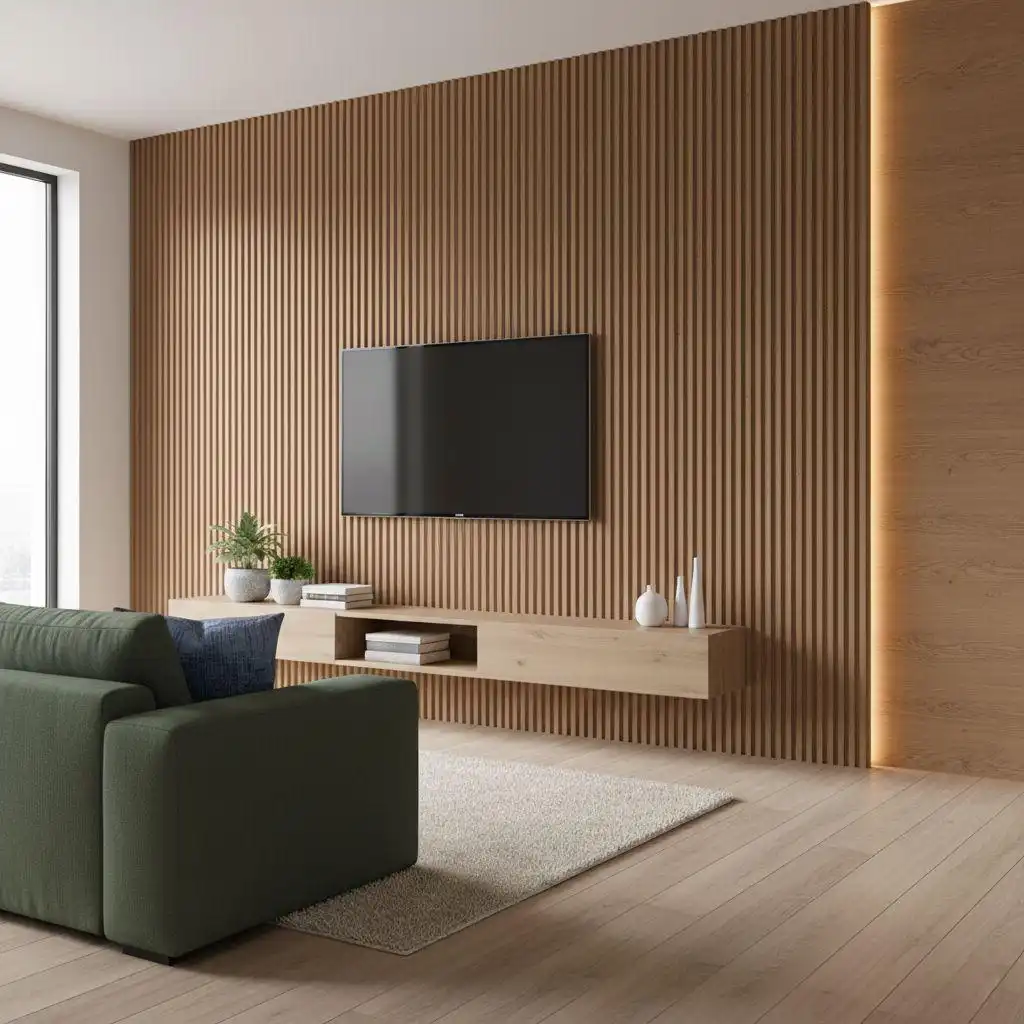 A living room TV wall featuring warm brown wood-look PVC slat panels with a flat-screen TV and a light wood floating media console, next to a vertical ambient light strip.