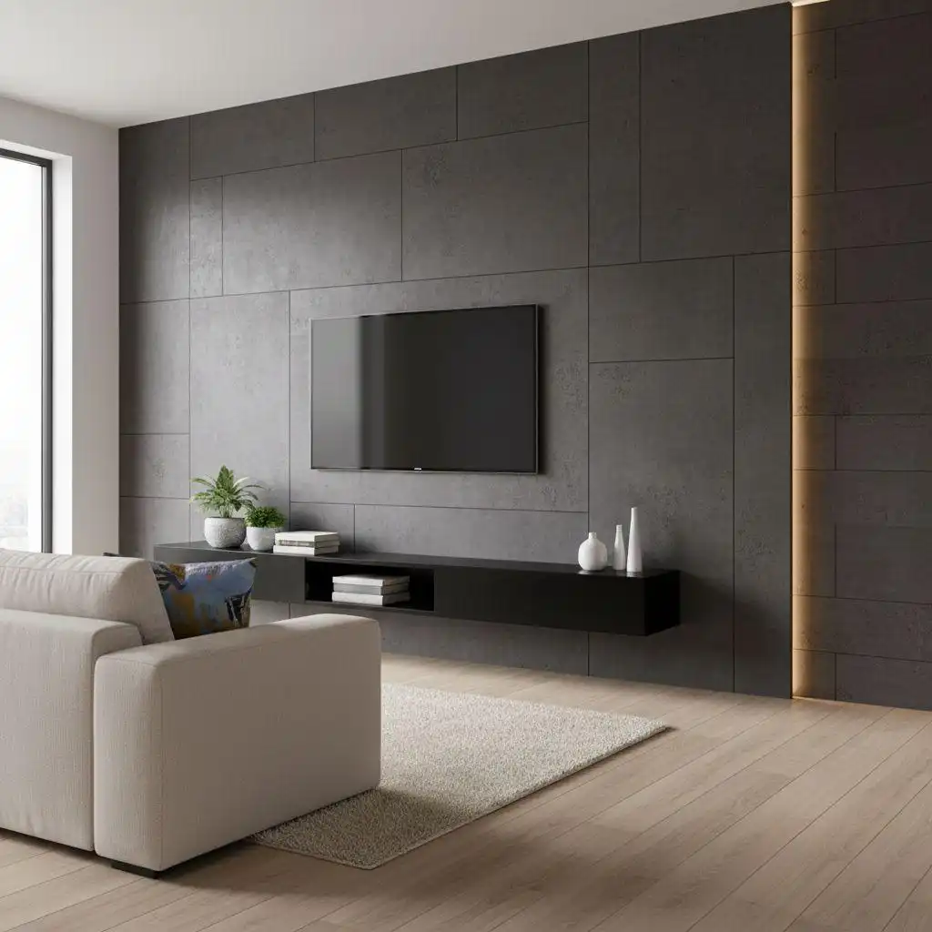 A living room TV feature wall made of dark grey stone or concrete textured PVC wall panels, with a flat-screen TV mounted above a minimalist black floating media console, next to a vertical strip of warm LED ambient lighting.