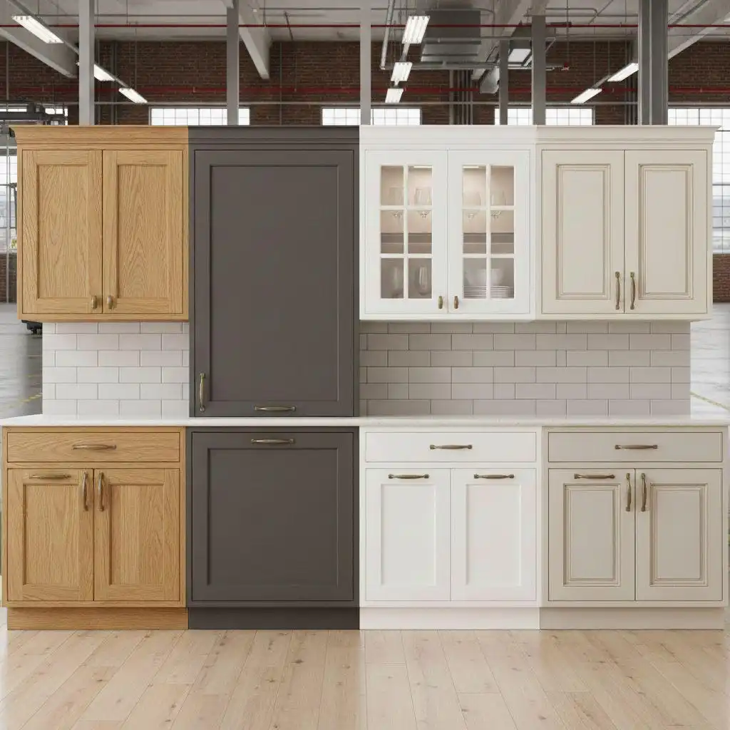 side-by-side display of four distinct kitchen cabinet styles including natural wood, charcoal gray, classic white with glass inserts, and cream raised-panel designs against a white subway tile backsplash.