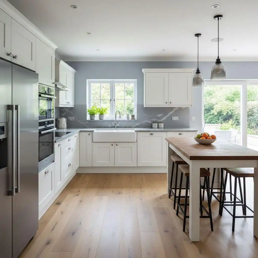 remove photos object removed 2025 12 29T145822.794 Modern bright L-shaped kitchen featuring white shaker cabinets, a wooden top kitchen island with stools, and integrated stainless steel appliances.