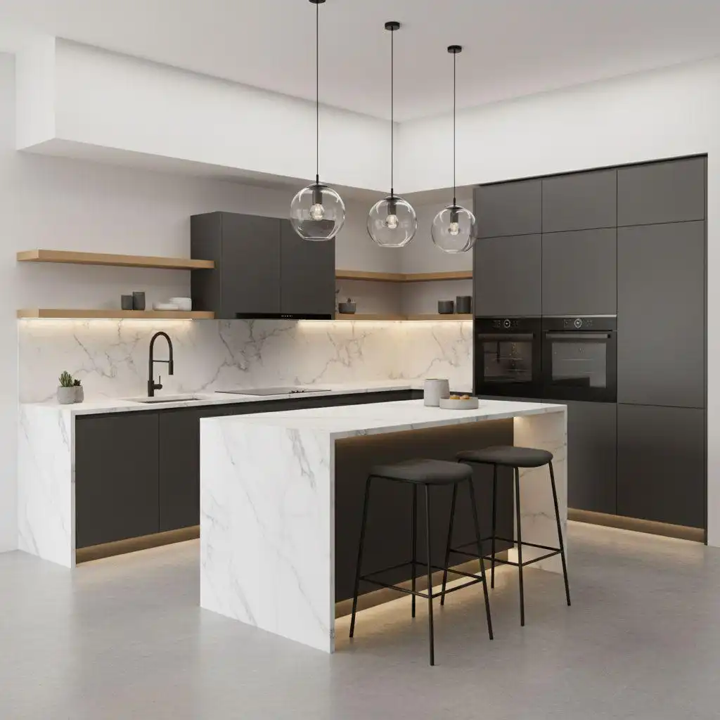 remove photos object removed 2025 12 29T150219.457 Minimalist L-shaped kitchen with charcoal grey matte cabinets, white marble waterfall island, and integrated warm LED under-cabinet lighting.