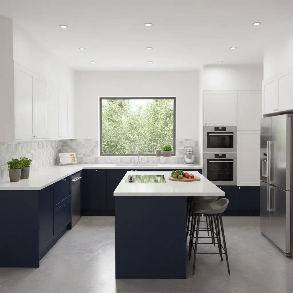 Contemporary two-tone L-shaped kitchen with navy blue base cabinets, white upper cabinets, and a central island under bright recessed lighting.