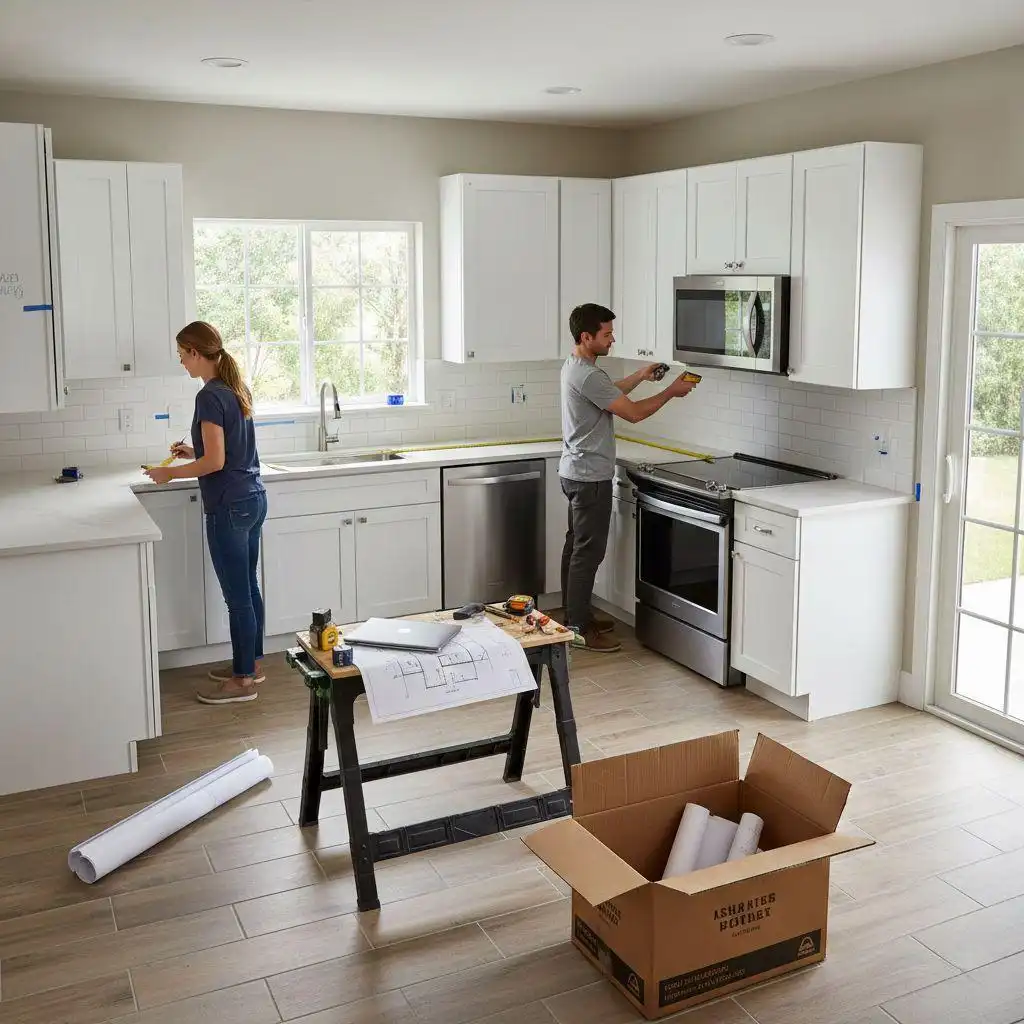 remove photos object removed 2025 12 30T164639.022 tape measures to record dimensions of a white L-shaped kitchen for custom cabinet installation.