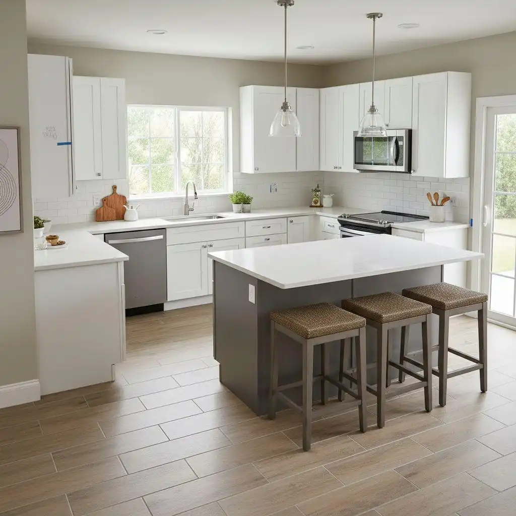 remove photos object removed 2025 12 30T164758.979 finished modern L-shaped kitchen featuring white custom cabinets, a grey center island with seating, and stainless steel appliances.