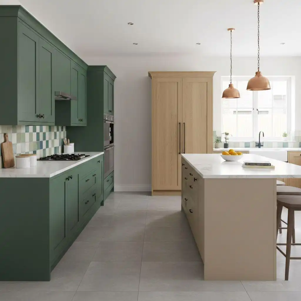 Kitchen Cabinet Colors Trends：Bright, open-concept kitchen featuring a large, deep olive green island and perimeter cabinets, light stone fireplace, and floor-to-ceiling glass doors opening to the exterior.